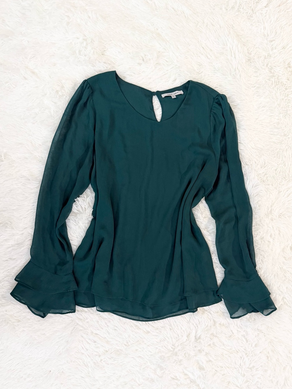 Naked Zebra Green Chiffon Blouse Size L Flared Cuffs Keyhole Back Sheer⁠ - Picture 2 of 5